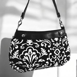 Thirty-One Skirt Purse Black White Damask Scrollwork Baroque Floral Shoulder Bag